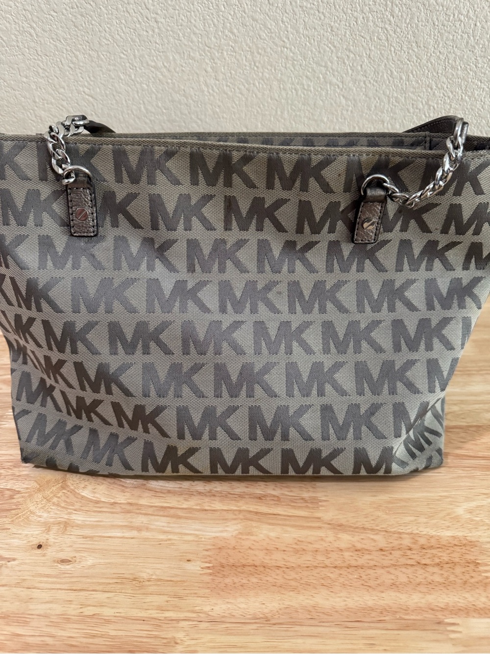 Michael Kors Gray MK Monogram Tote with Chain Straps